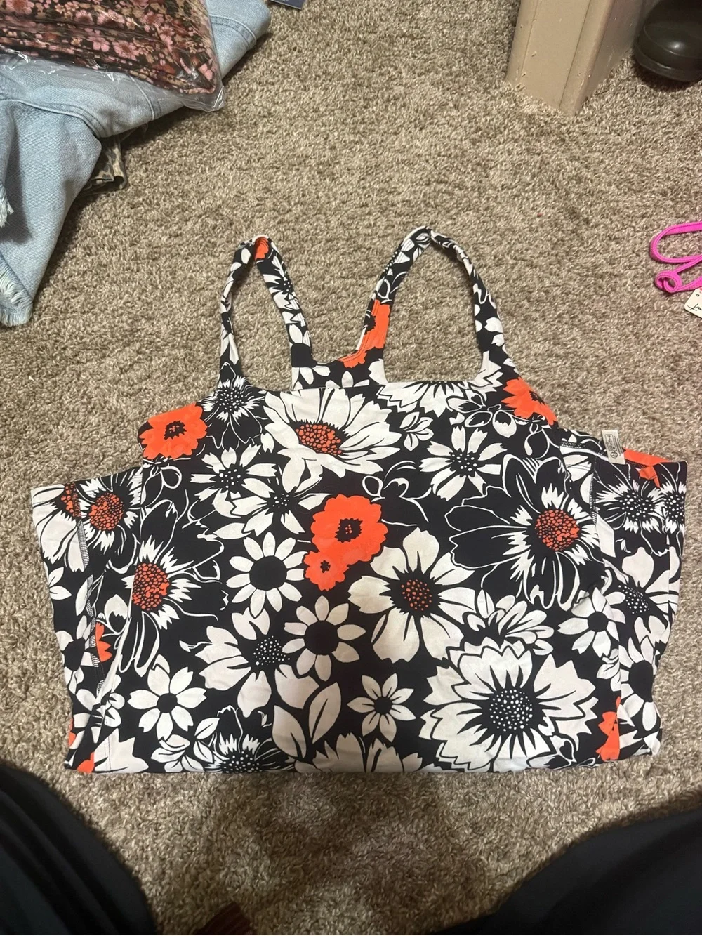 Free People Black Floral Cutout Tank Dress with White and Orange Flowers - Picture 4 of 4